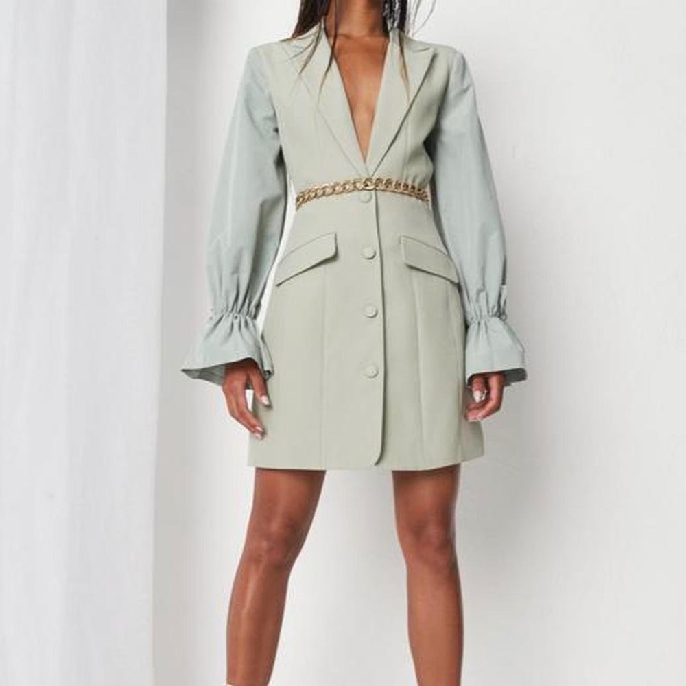 Missguided Sage Green Blazer Mini Dress with Puff Tie Cuff Sleeves Size 6
